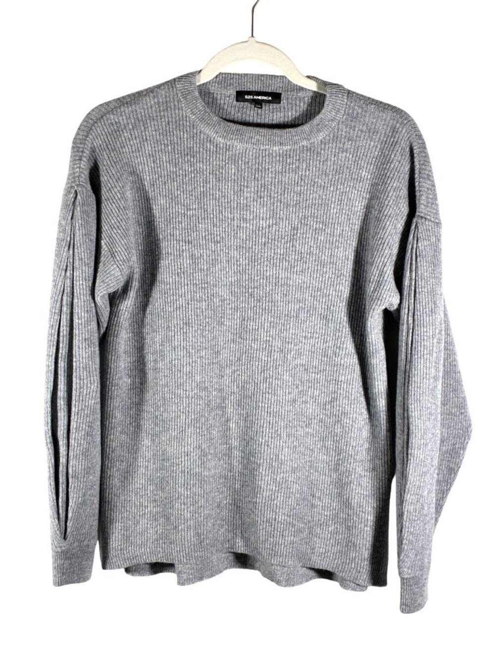 525 America Gray 100% Cashmere Ribbed Pullover Sweater XS gathered sleeve detail